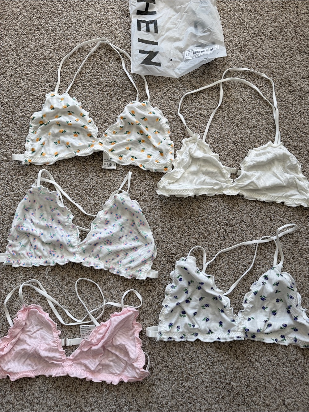 SHEIN White Ribbed Scalloped Triangle Bralettes with Floral Prints (5 Pack Mix)